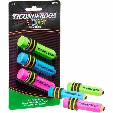 DIXON TICONDEROGA Eraser, Pencil-Shaped, Neon AST Barrel/ Top, 3PK DIXX38963